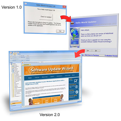 See "Hello World V1" upgraded to "Hello World V2" via the Software Update Wizard!